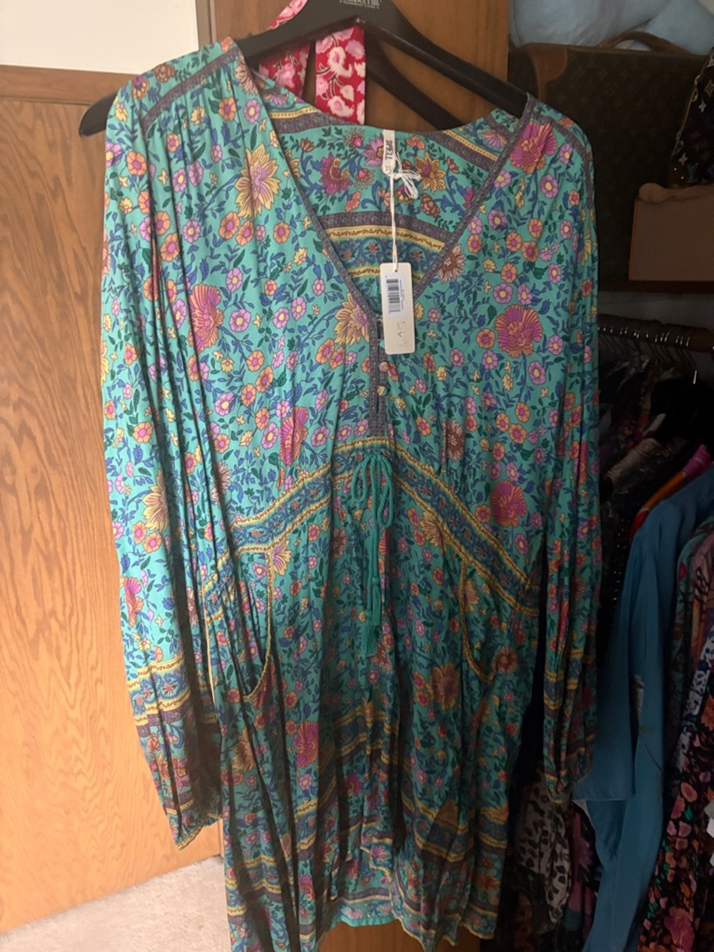 Spell Teal Floral Boho Midi Dress with Pink & Yellow Accents